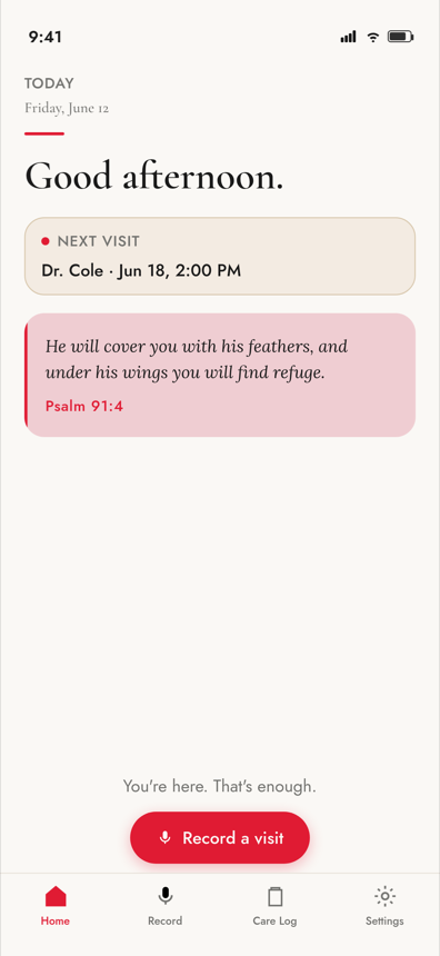 The PresentCare home screen — a gentle greeting, today's schedule, and a Record a Visit button