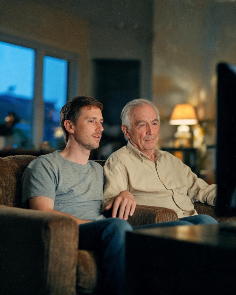 An adult son and his father watching TV side by side in the lamp light