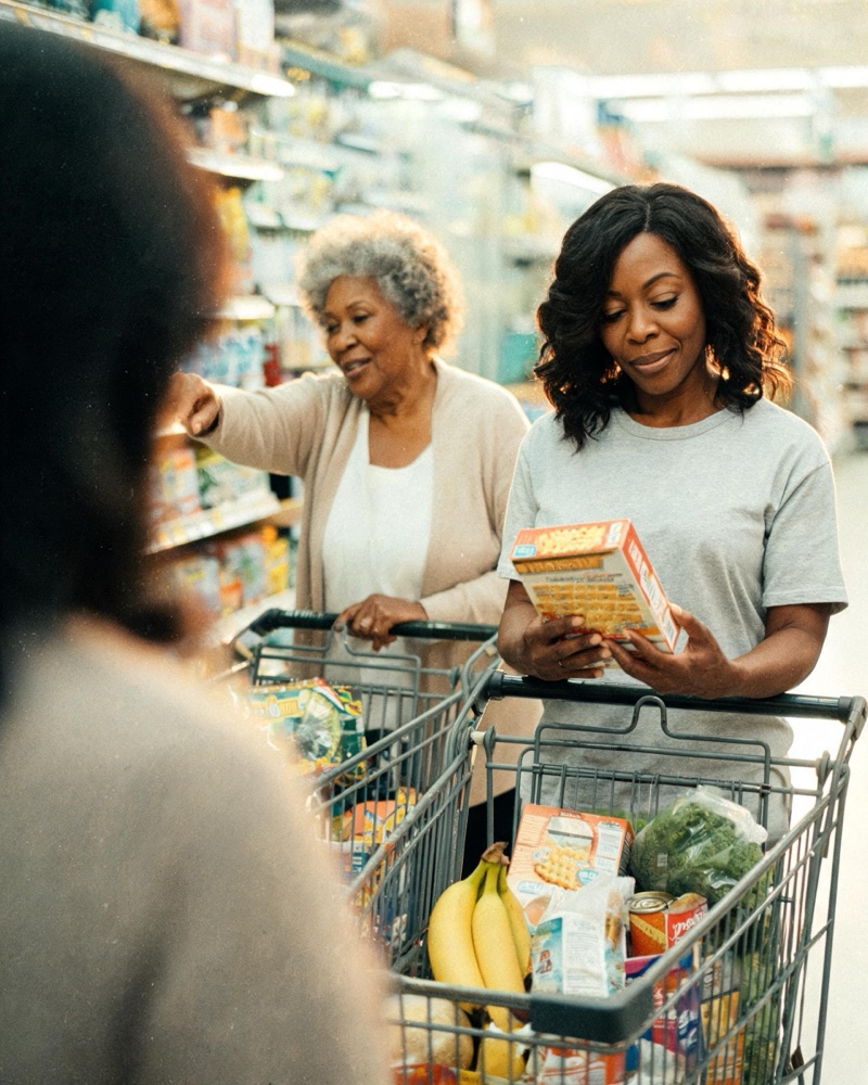 A daughter and her mother grocery shopping together