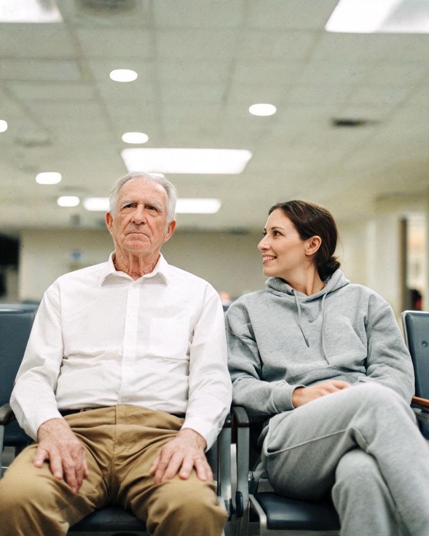 In the waiting room — a daughter looks over at her father with a warm smile